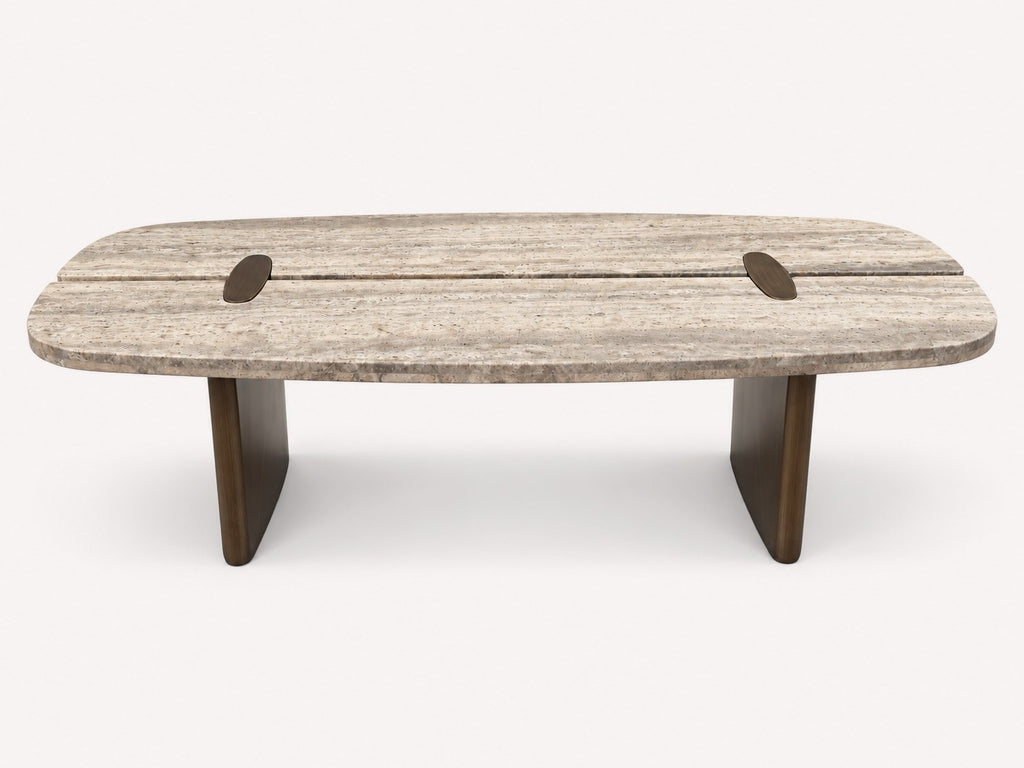Rectangular travertine stone coffee table with brushed bronze metal base