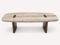 Rectangular travertine stone coffee table with brushed bronze metal base
