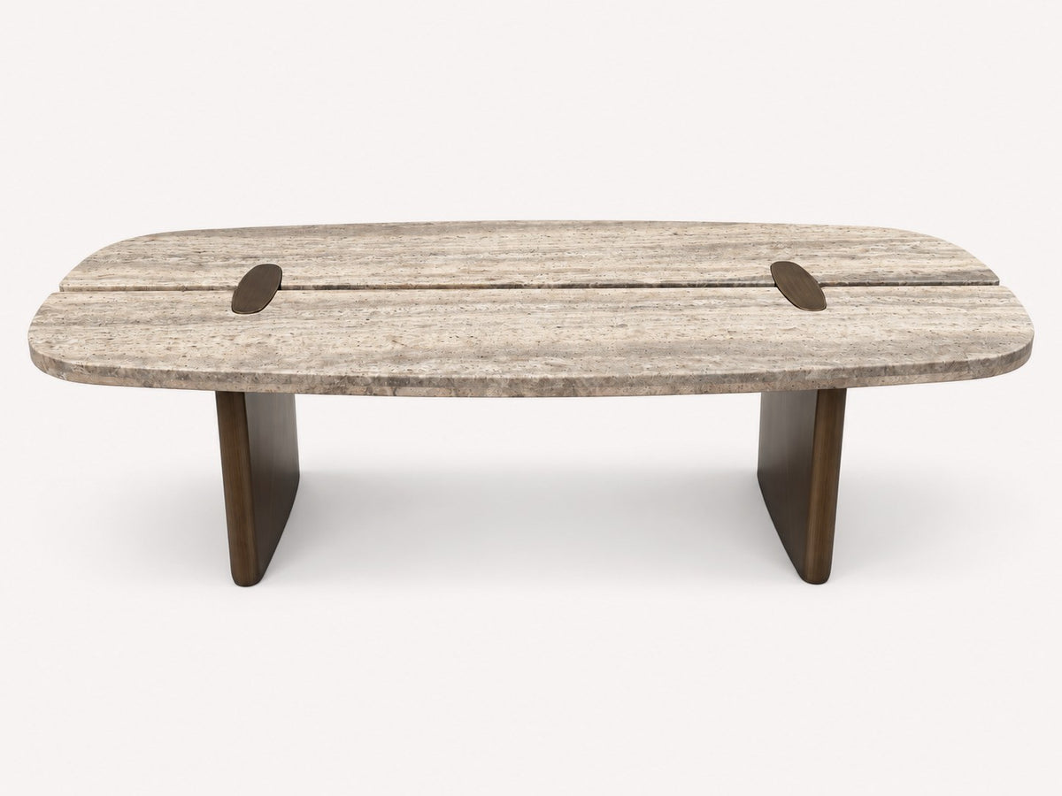 Rectangular travertine stone coffee table with brushed bronze metal base