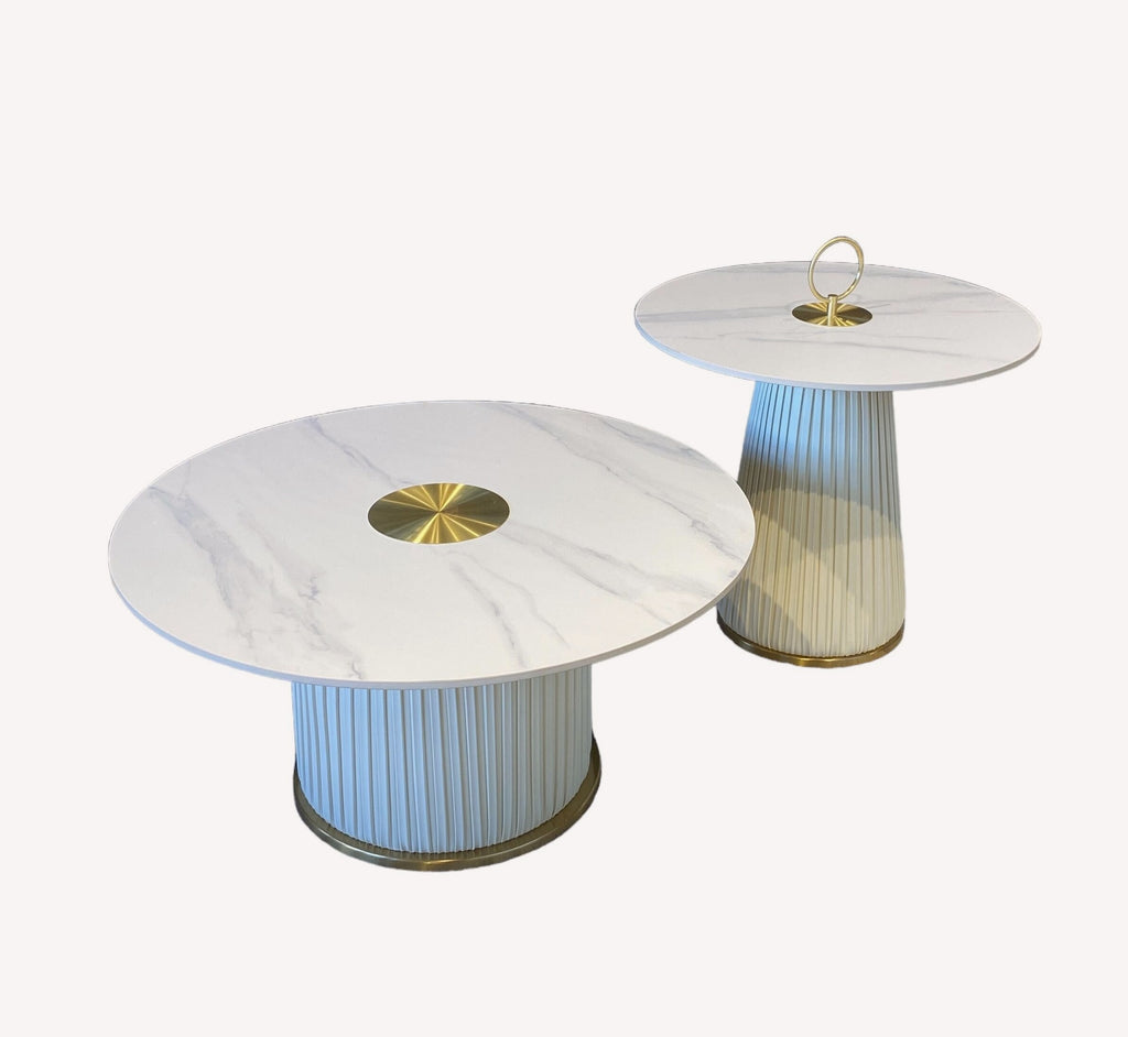 Sydney pair of marble look tables on fluted pedestals with gold details