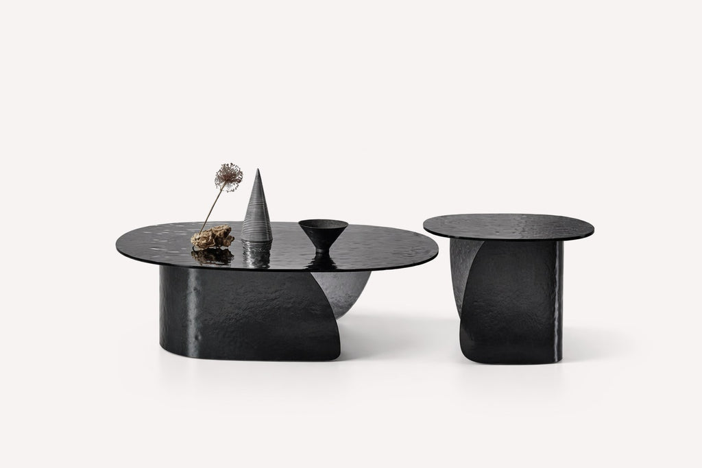Amber sculptural all-glass coffee tables with textured amber bases