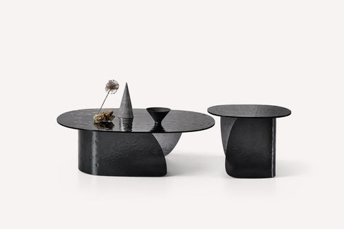 Amber sculptural all-glass coffee tables with textured amber bases