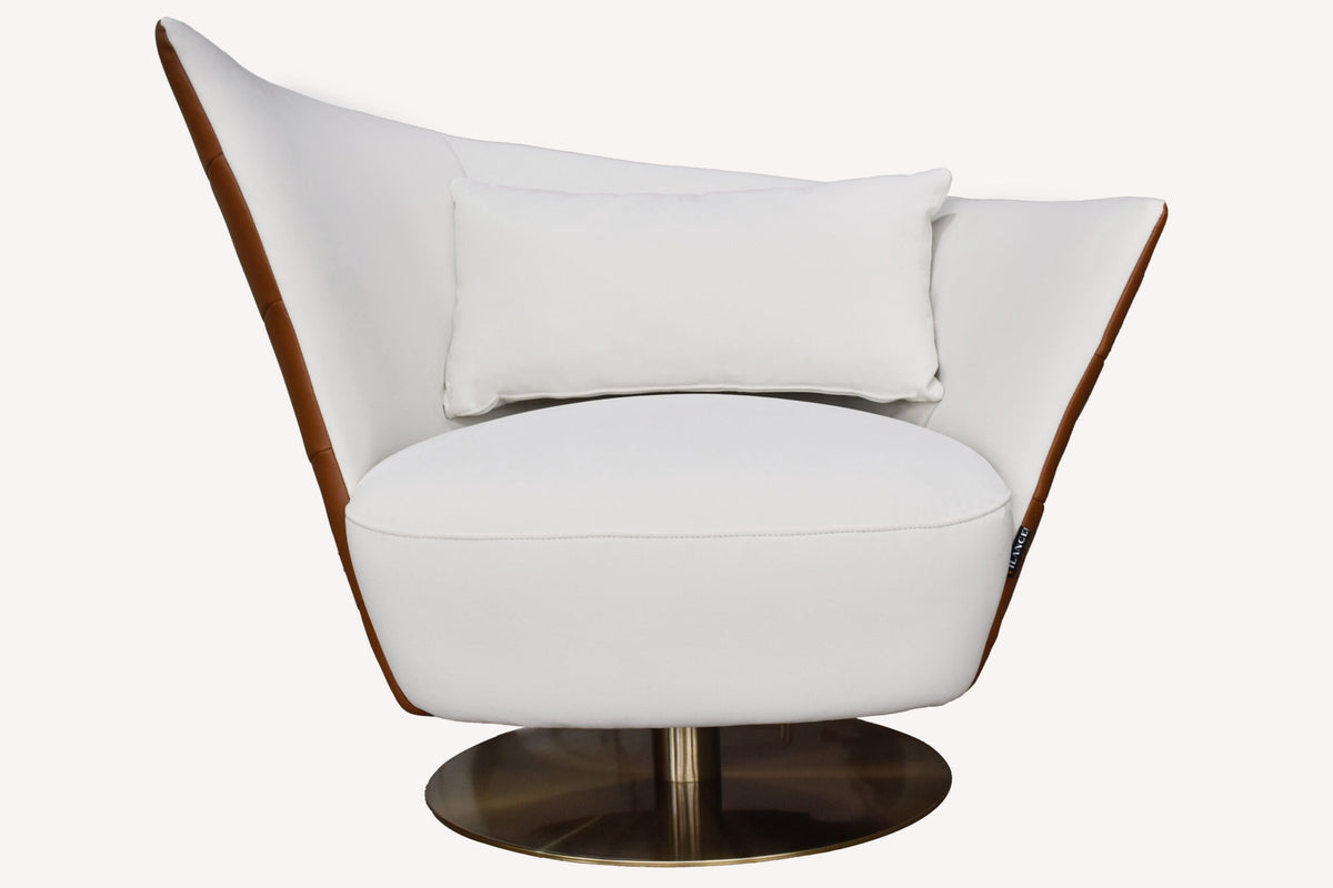 Shavit white petal shaped swivel chair with cognac edge and bronze base