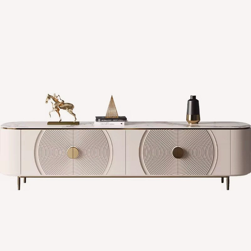 Circles ivory media console with concentric circle doors and brass pulls