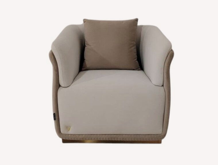 Christy greige tub accent chair with contrast piping