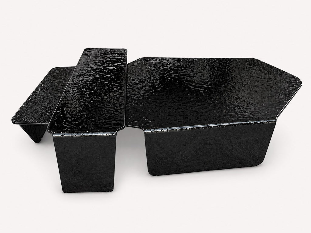 Imperia pair of black sculptural coffee tables with crackled smoked glass tops