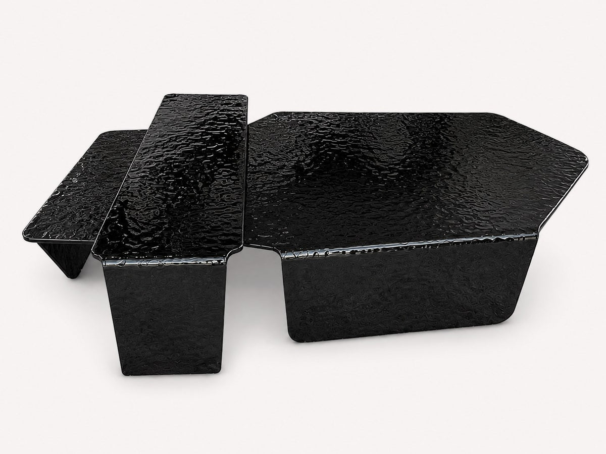 Imperia pair of black sculptural coffee tables with crackled smoked glass tops