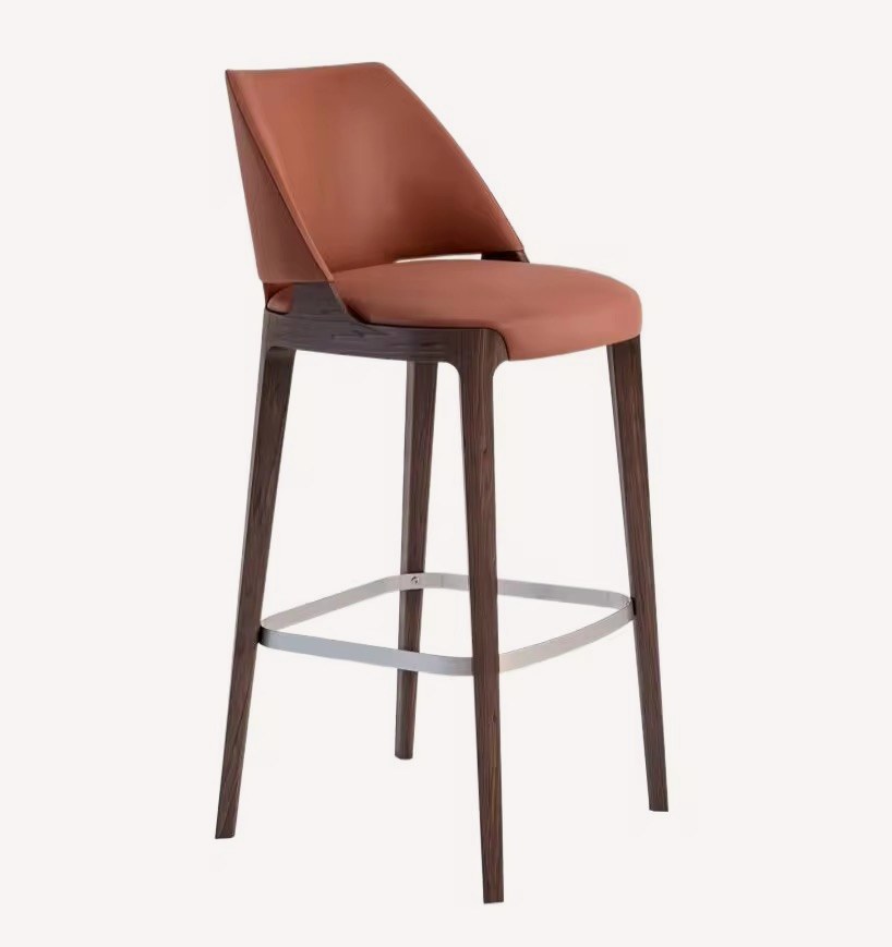 Carlos dark wood bar stool with brown upholstered angled back