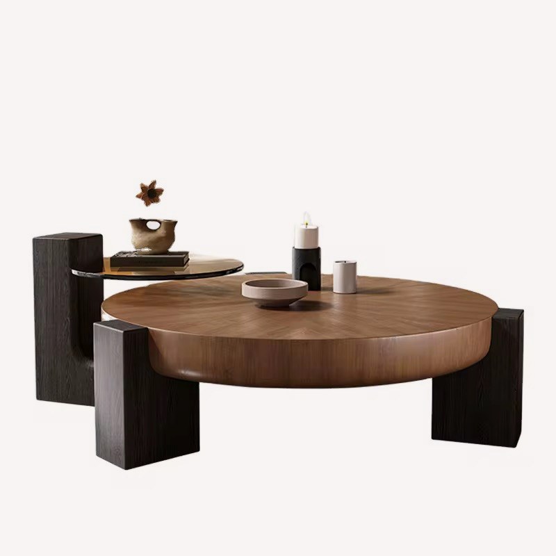 Indonesia round walnut coffee table on dark block legs with side table