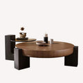 Indonesia round walnut coffee table on dark block legs with side table
