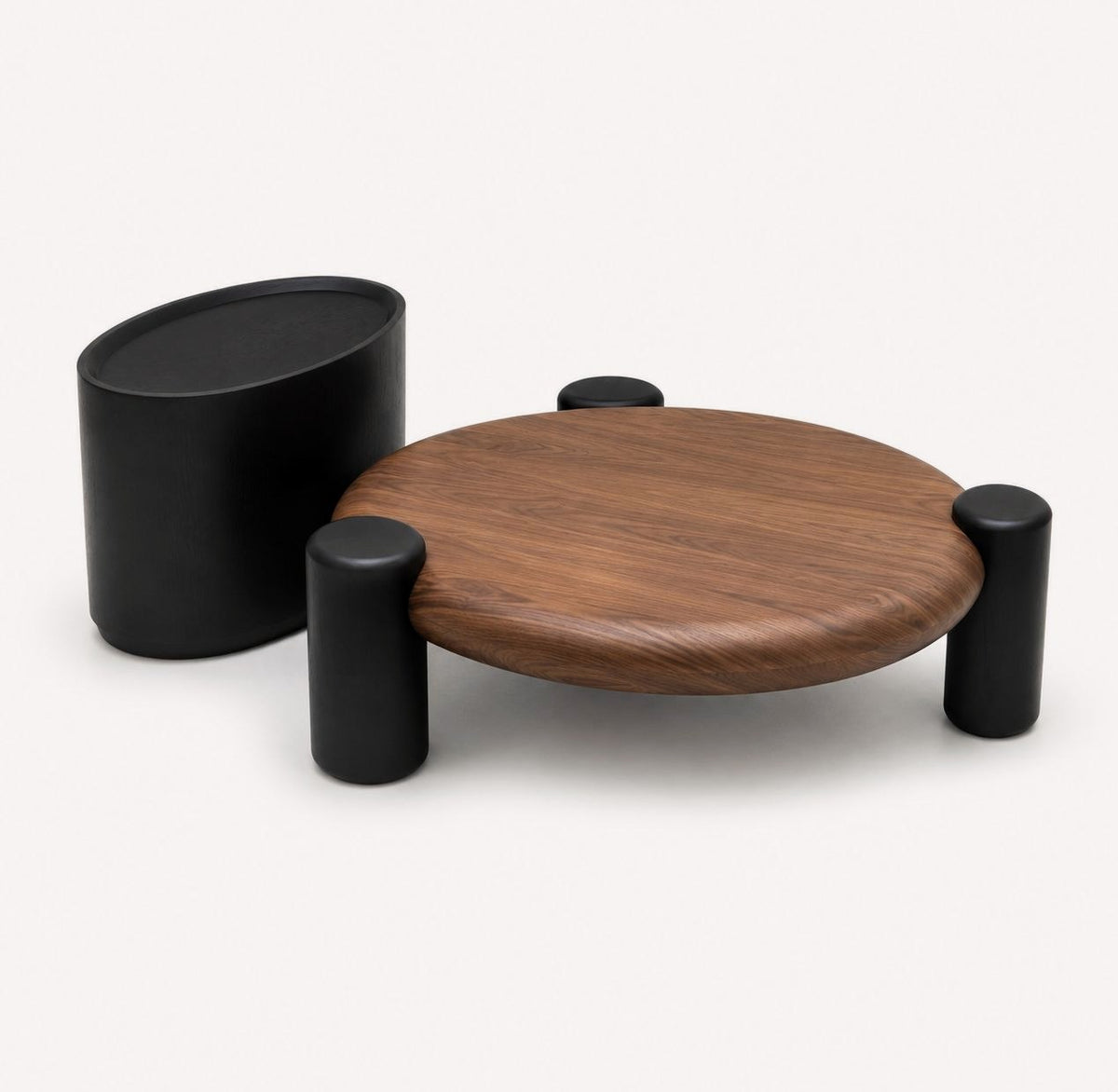 SOHO round walnut coffee table with black cylinders and matching side table
