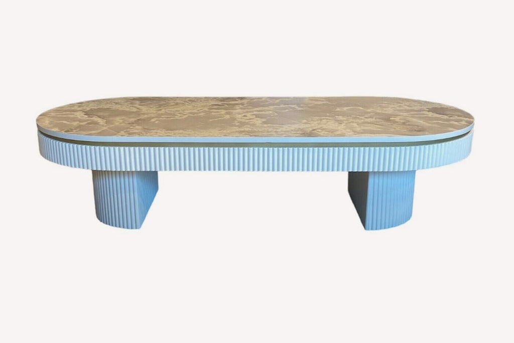 Orlando fluted white coffee table with marble look oval top