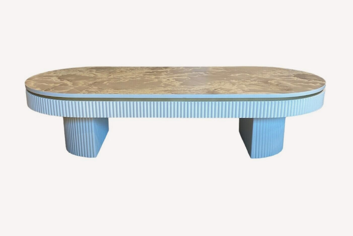 Orlando fluted white coffee table with marble look oval top