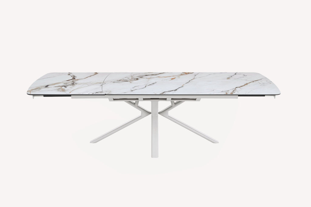 Solitaire extendable marble look porcelain dining table on white star base