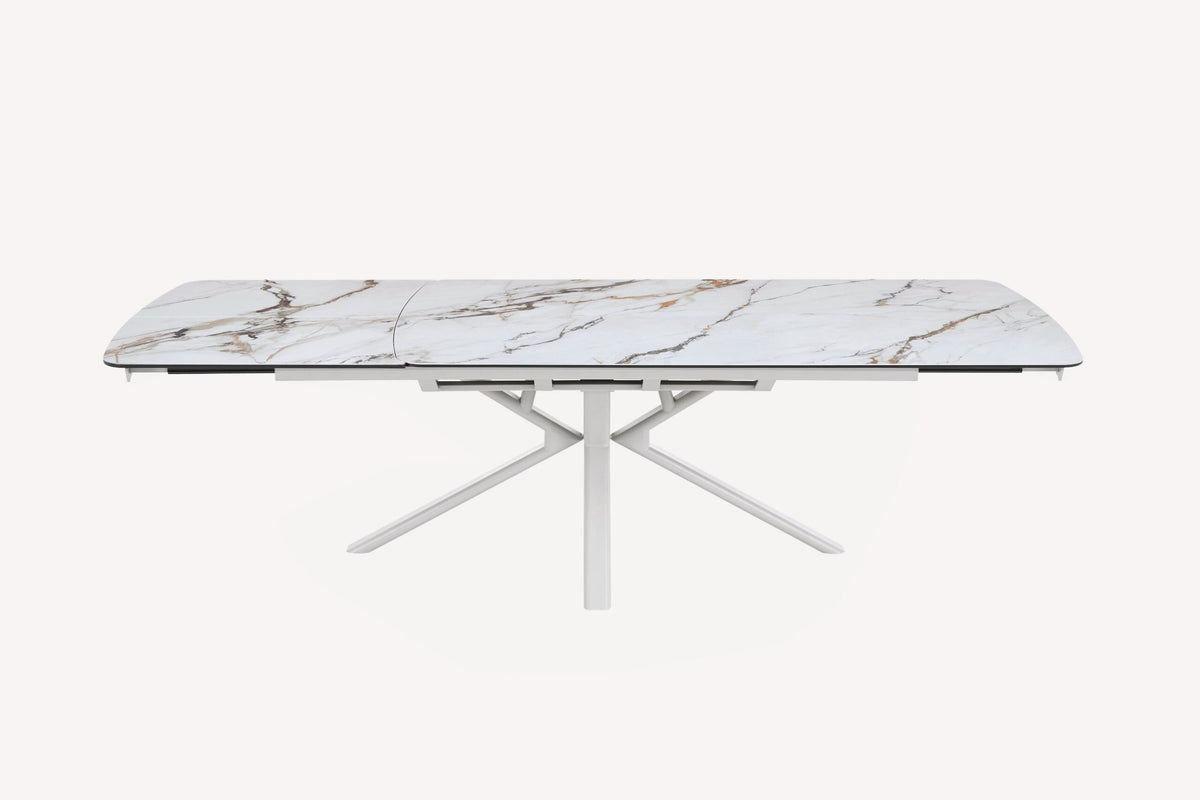 Solitaire extendable marble look porcelain dining table on white star base