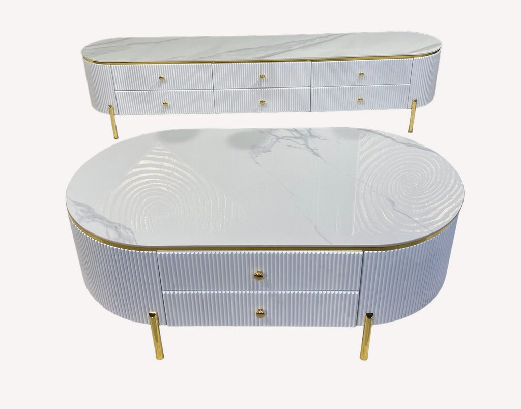 Levavit fluted white media console and oval coffee table set with gold legs