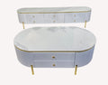 Levavit fluted white media console and oval coffee table set with gold legs