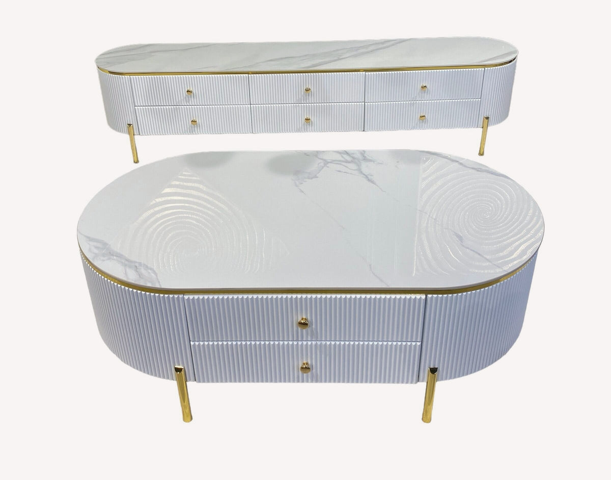 Levavit fluted white media console and oval coffee table set with gold legs