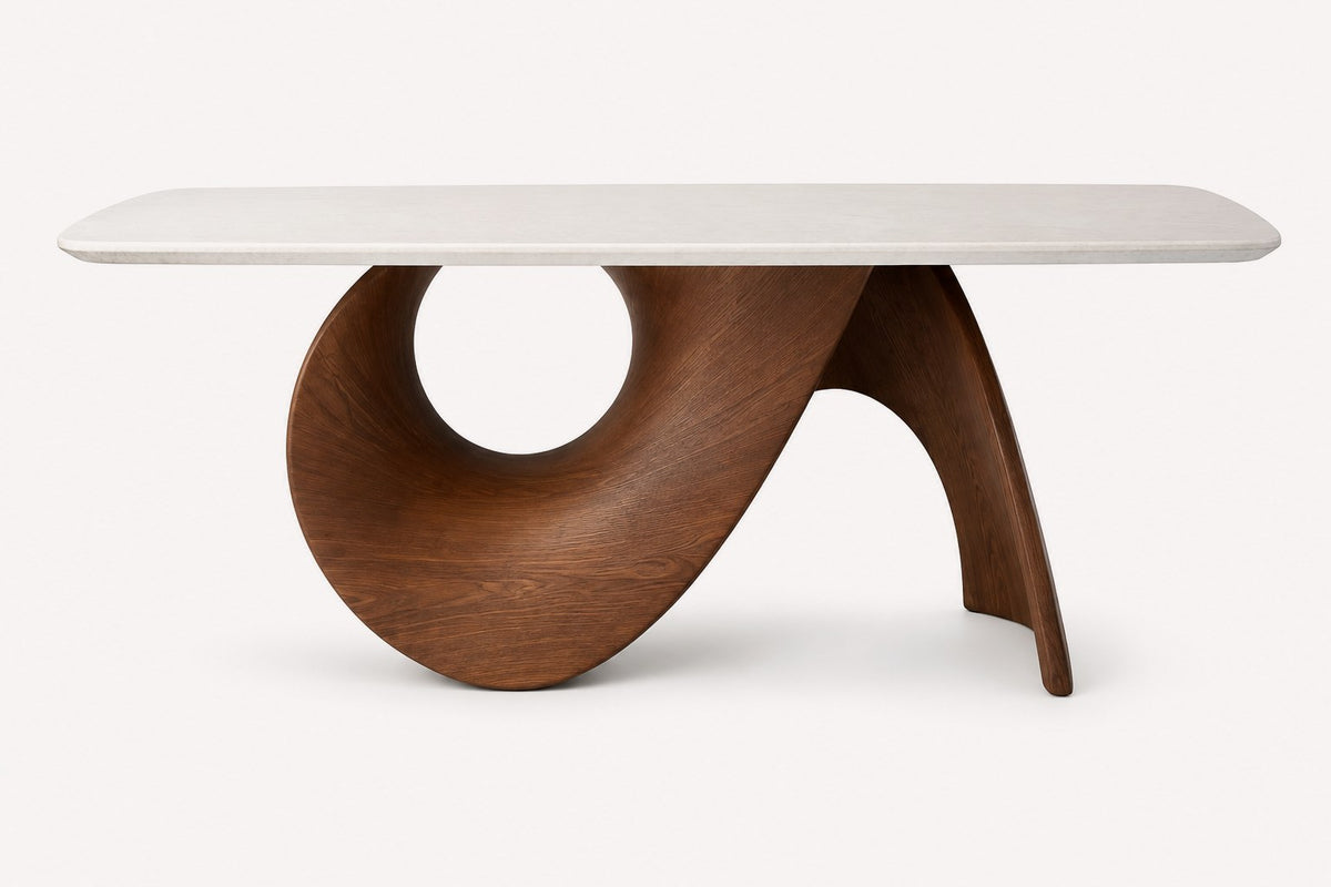 Nitzan marble dining table on sculptural walnut veneer base