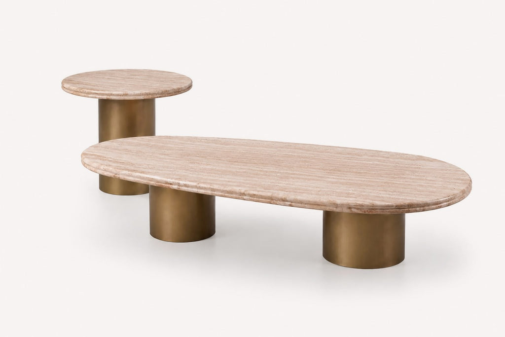 Sorrento travertine oval coffee table and round side table on gold cylinder bases