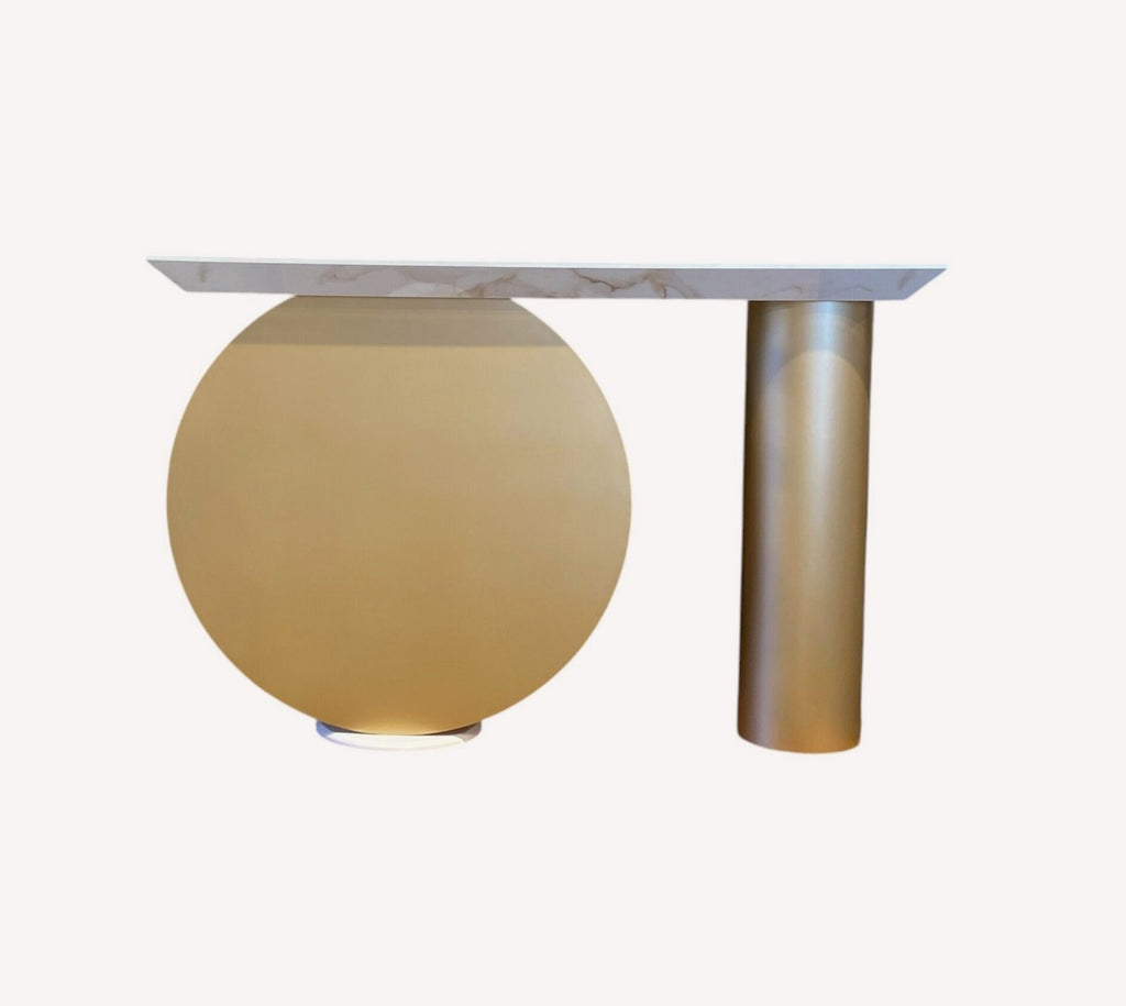 Alpha console with gold disc and cylinder base and marble look top