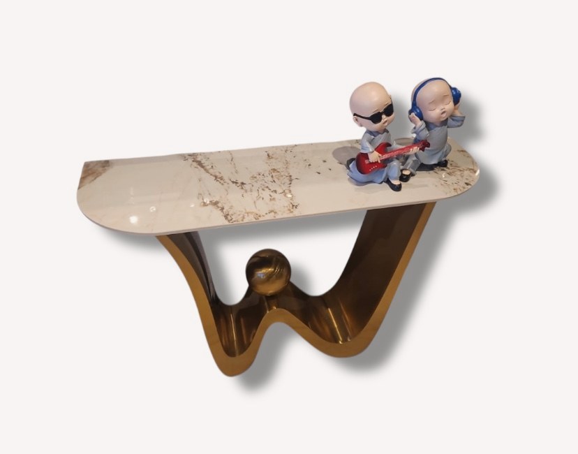Golden wall mounted console with marble look top and bronze wave base