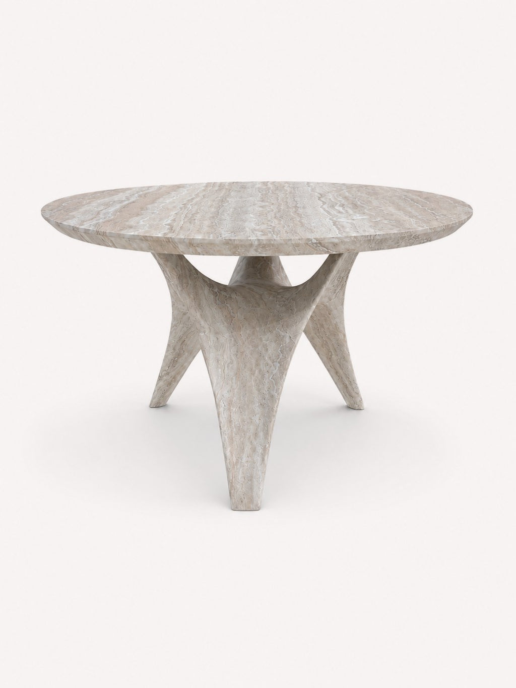 Mykonos round travertine-look dining table with sculptural pedestal