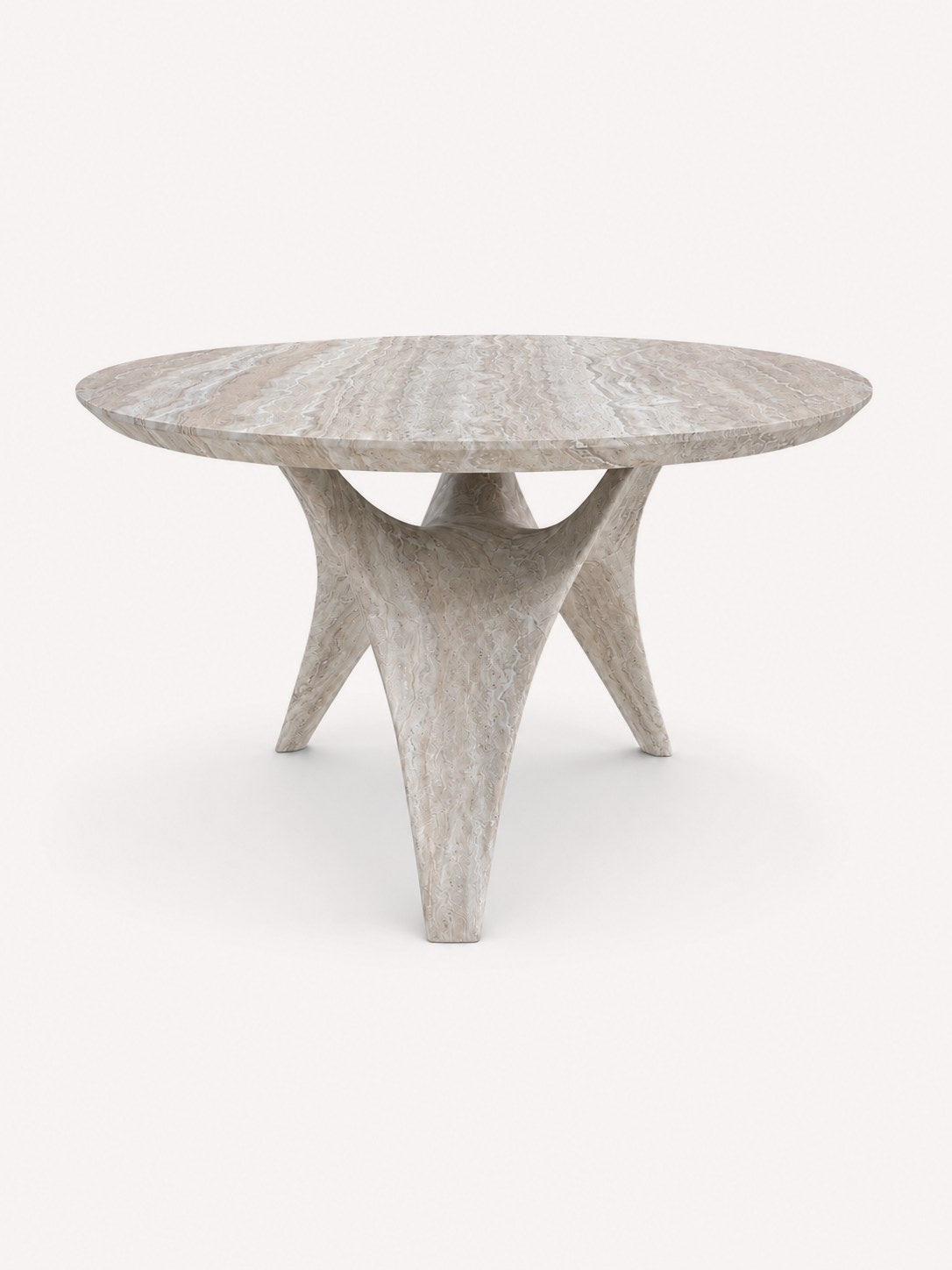 Mykonos round travertine-look dining table with sculptural pedestal