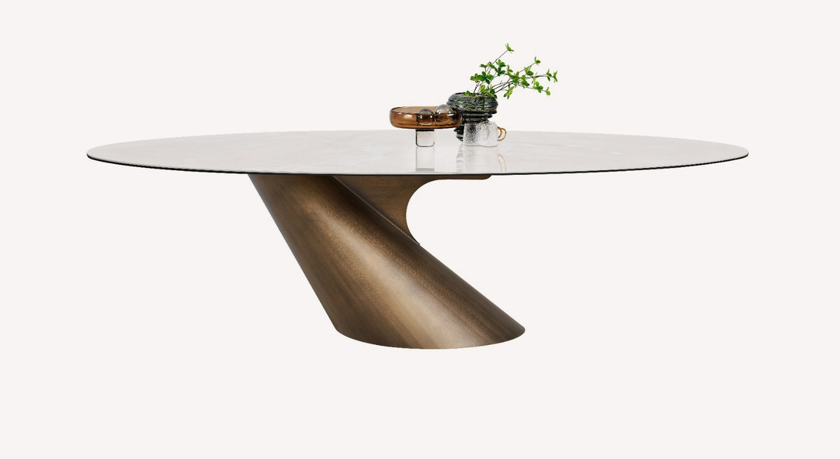 Netz oval porcelain dining table on angled cylinder pedestal