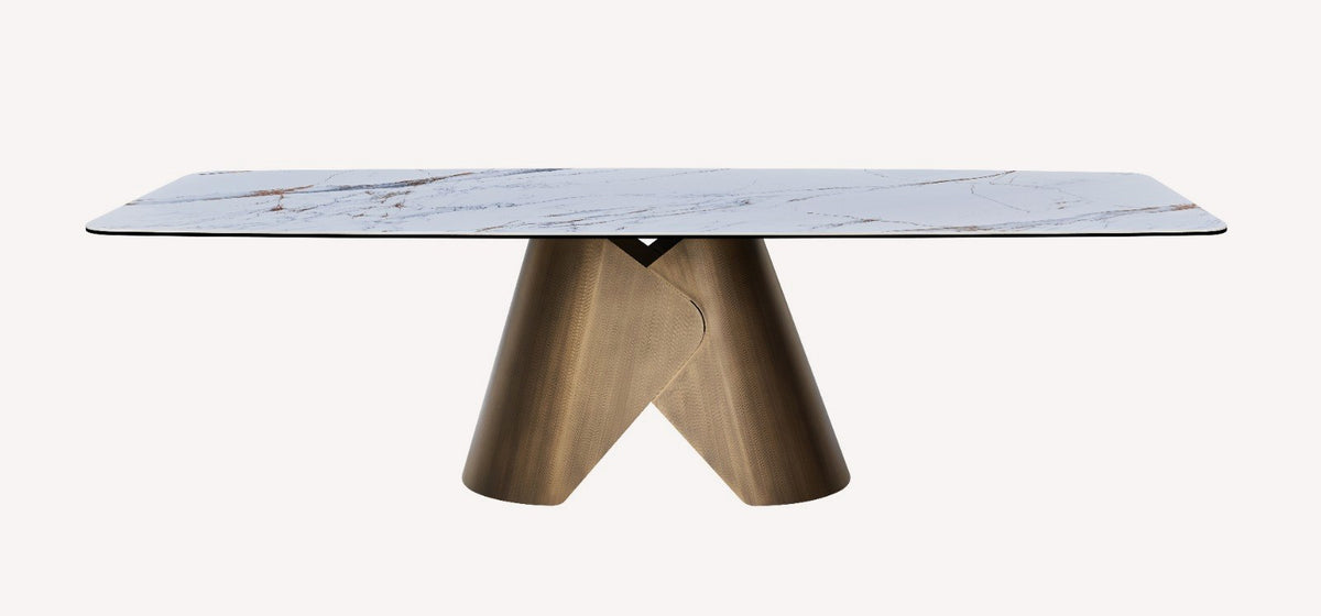 Crown marble look porcelain dining table on brushed gold crown pedestal