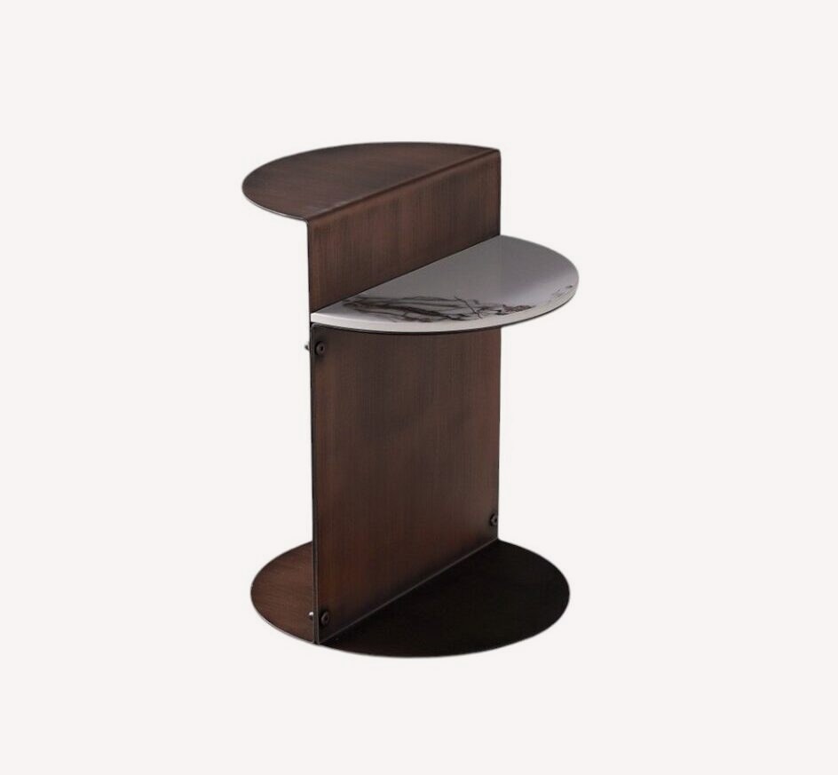 Shelby two tier bronze side table with marble look shelf