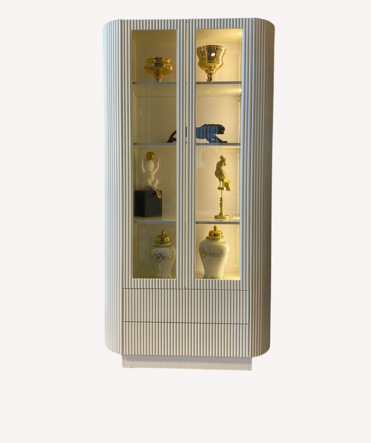 Nikita tall fluted white display cabinet with lighted glass shelves