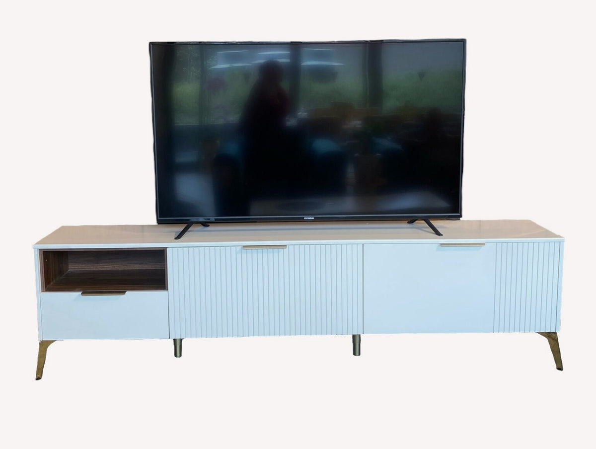 Miami white fluted media console with walnut cubby and gold tipped legs