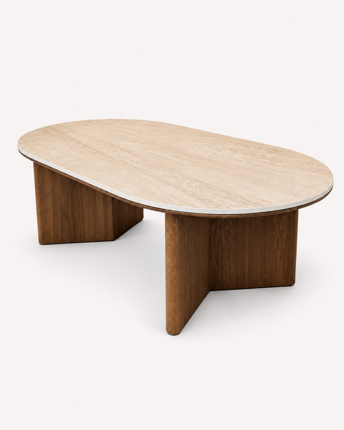 Bombay oval coffee table with light stone top on walnut base