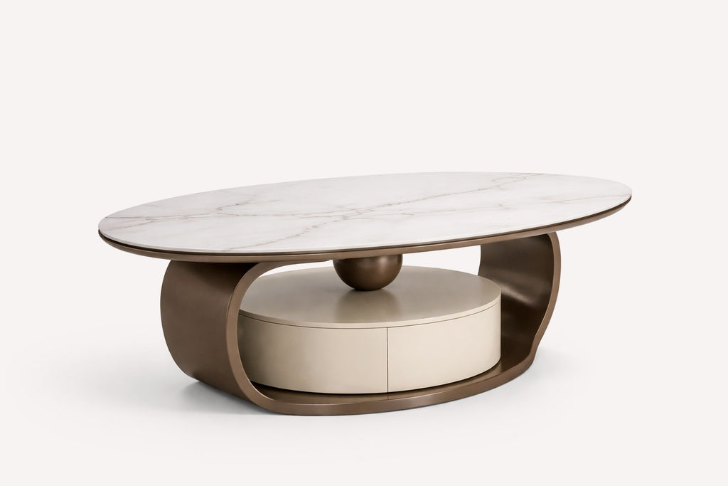 Ball oval marble look coffee table with bronze loop frame and storage drum