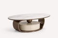Ball oval marble look coffee table with bronze loop frame and storage drum