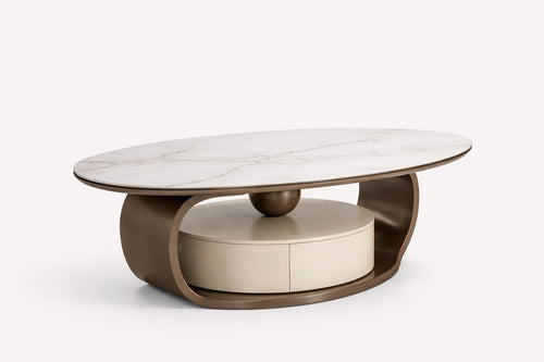 Ball oval marble look coffee table with bronze loop frame and storage drum