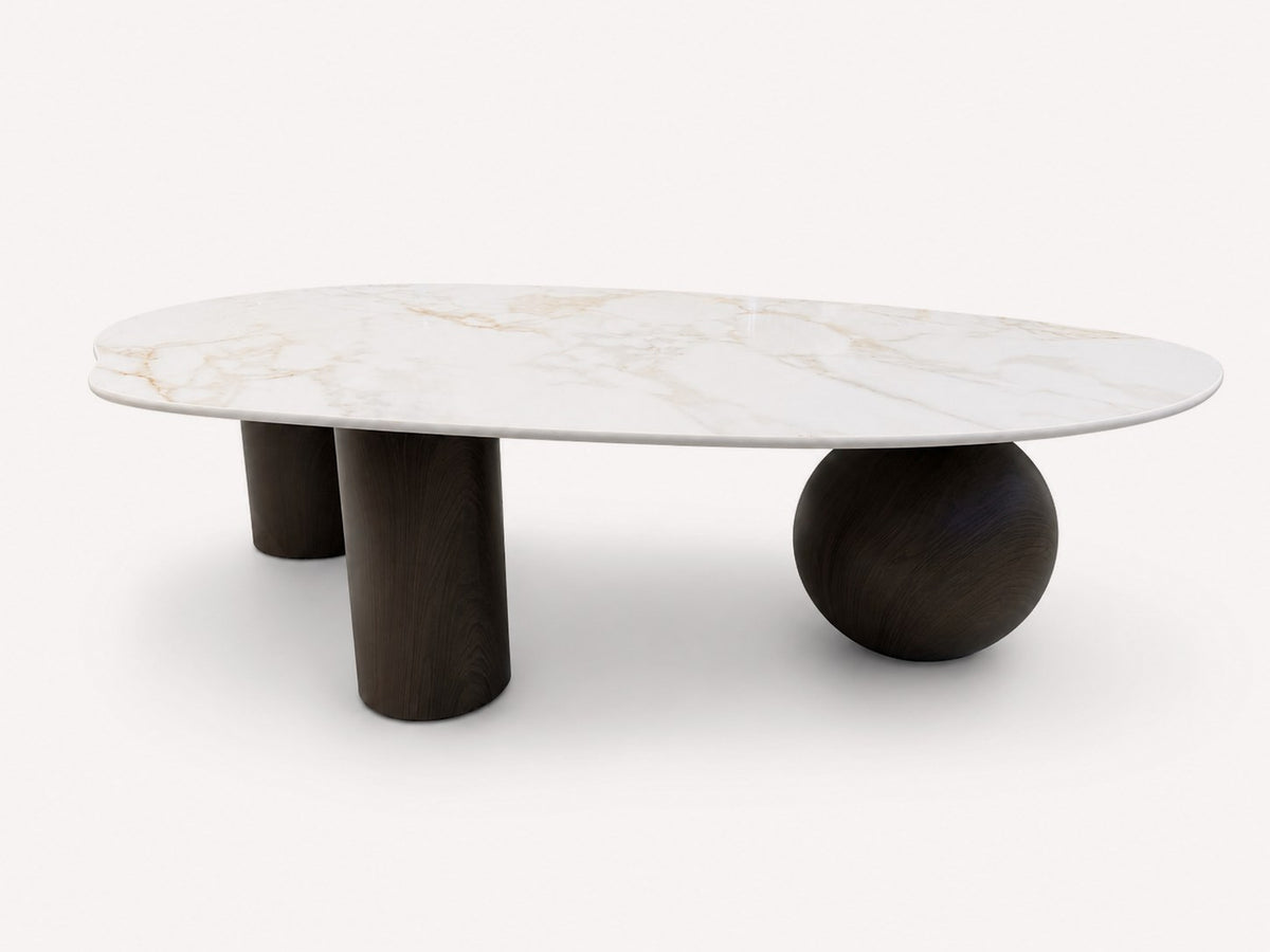 Pol porcelain coffee table on sculptural wood-look steel legs