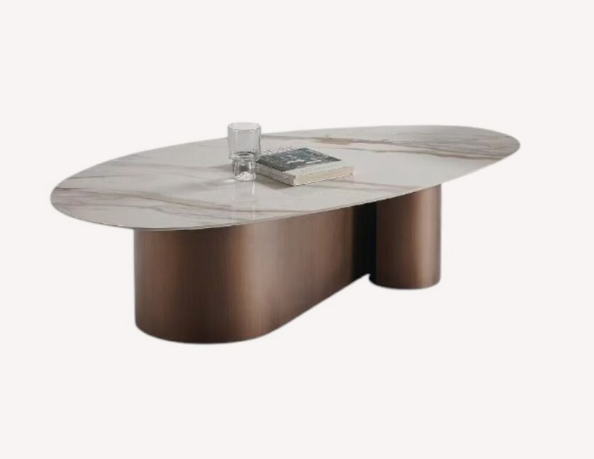 Lali organic marble look coffee table on bronze pillars