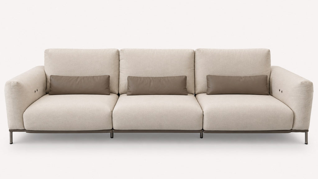 Amora modern power reclining sofa with faux leather accent pillows