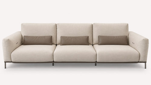 Amora modern power reclining sofa with faux leather accent pillows