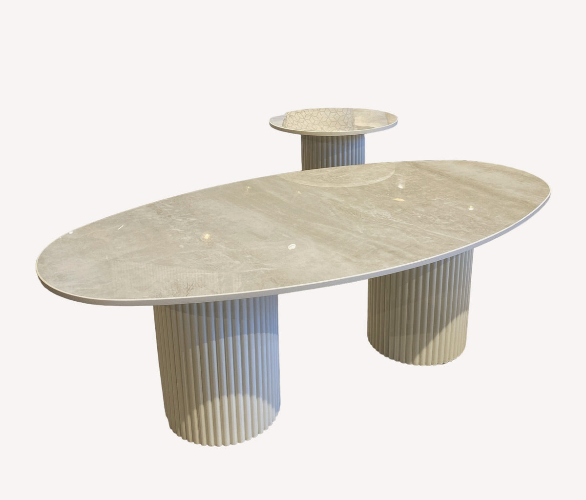 Barcelona oval marble look coffee table on fluted pedestals with side table