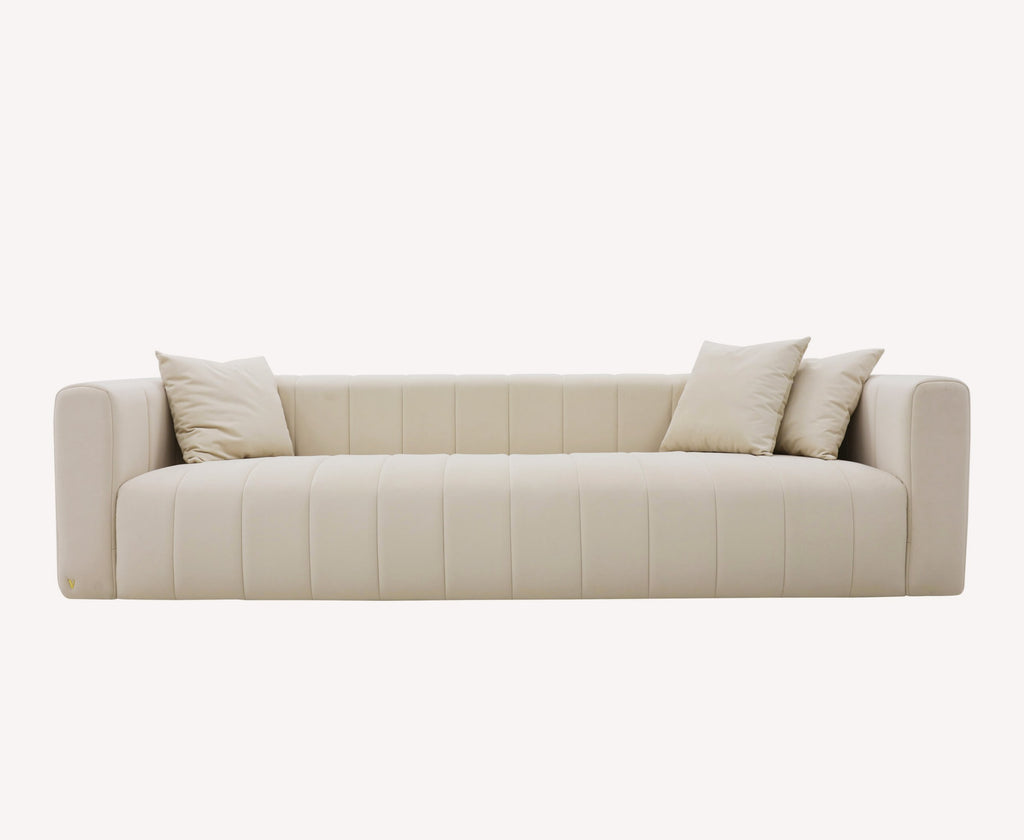 Stripes cream channel tufted sofa with track arms