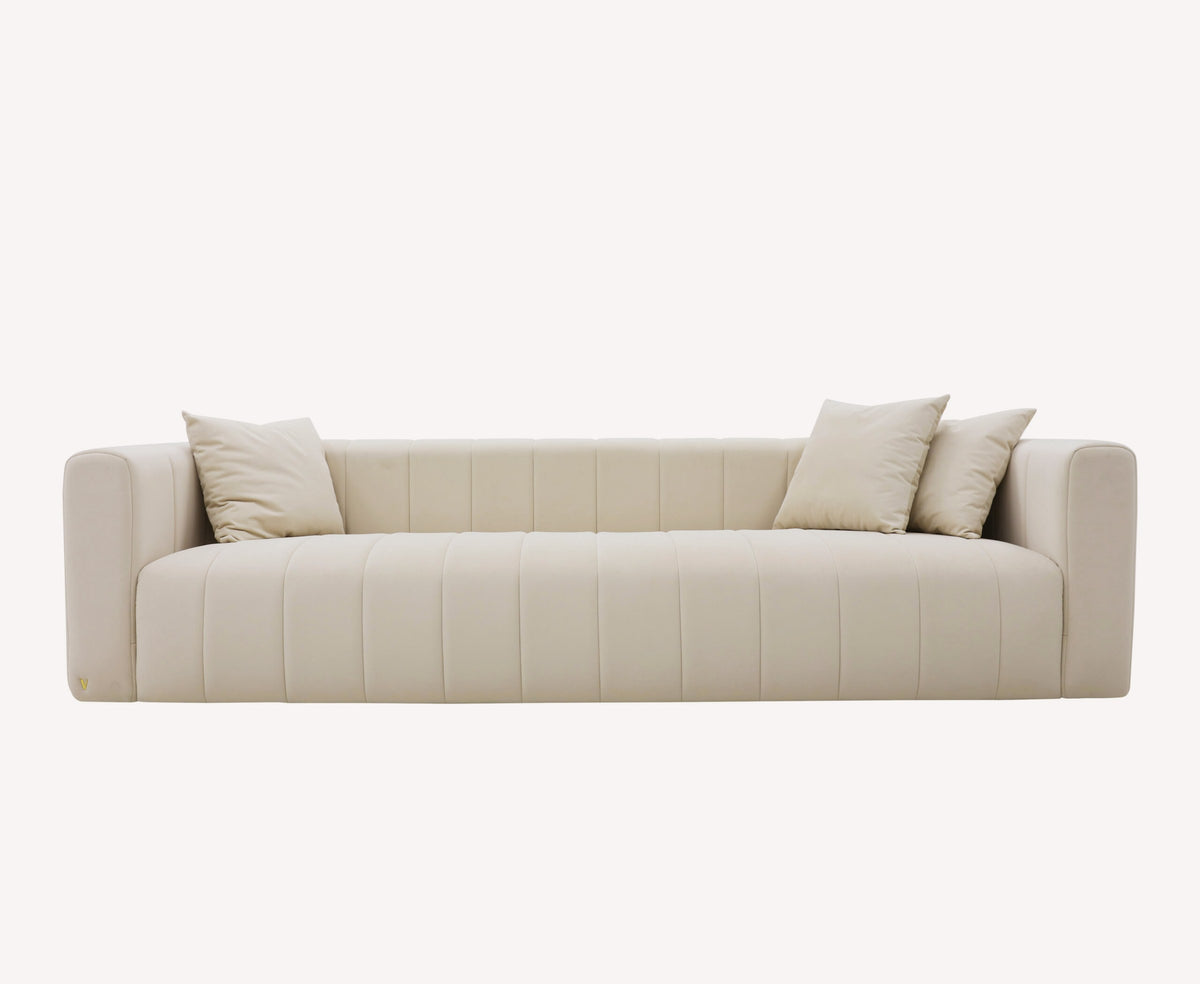 Stripes cream channel tufted sofa with track arms