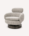 Nola sculptural swivel accent chair with rounded headrest and dark round base