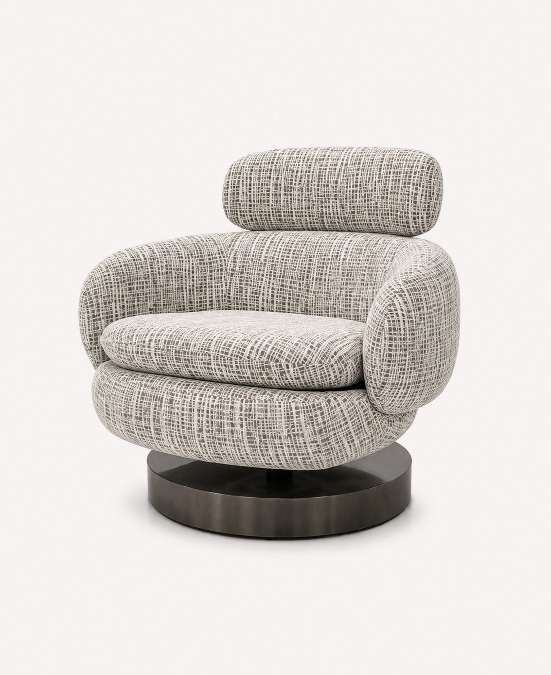 Nola sculptural swivel accent chair with rounded headrest and dark round base