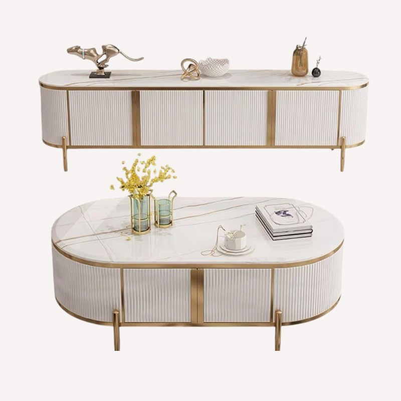 On fluted ivory sideboard and oval coffee table set with gold trim