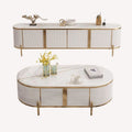 On fluted ivory sideboard and oval coffee table set with gold trim