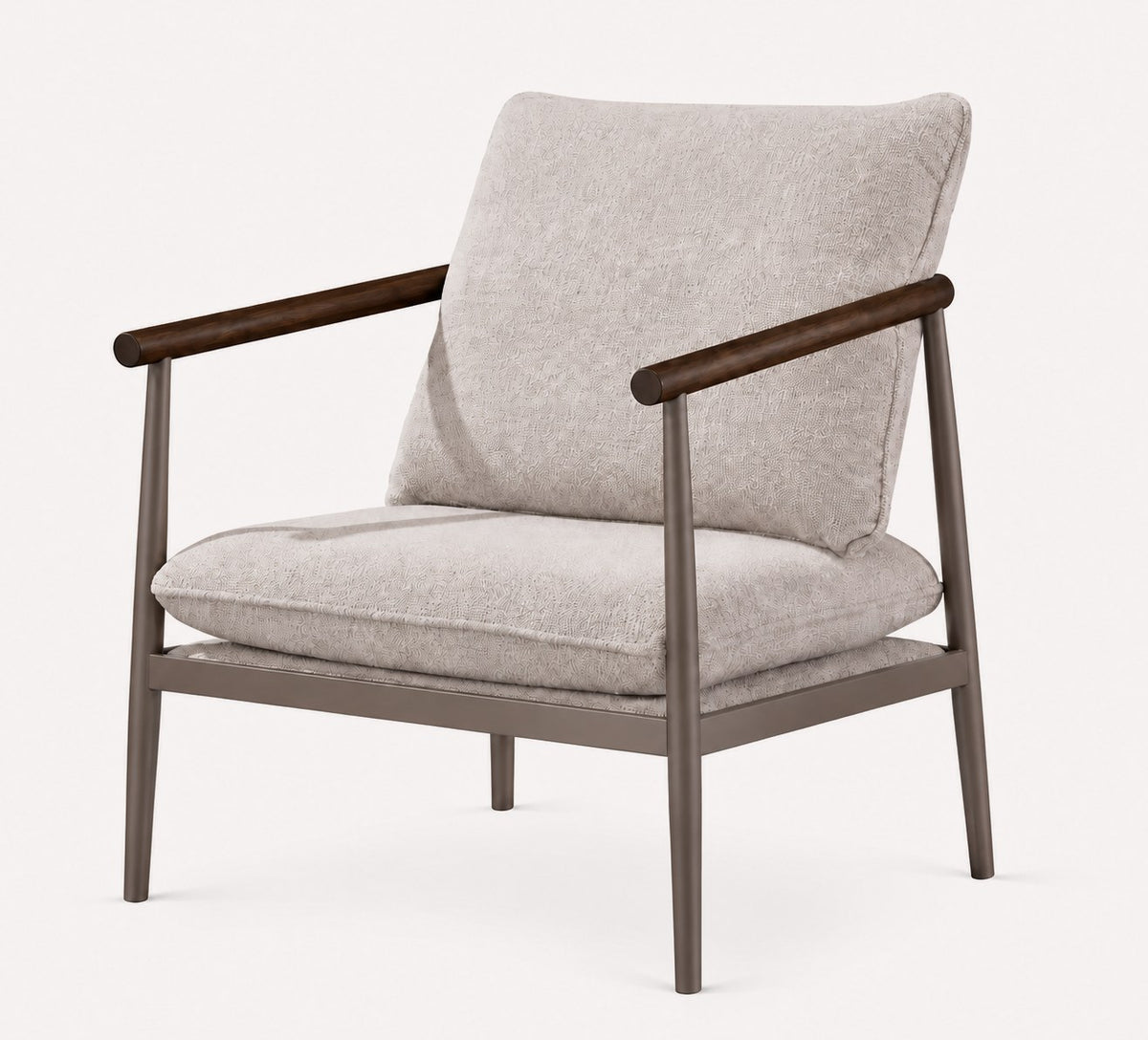 Rotem minimal accent chair with slim metal frame and wooden armrests