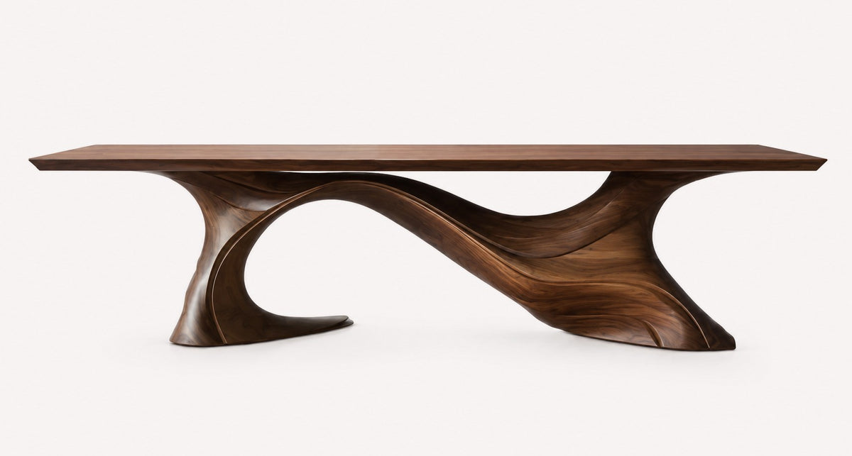 Flow sculptural solid wood dining table in dark walnut